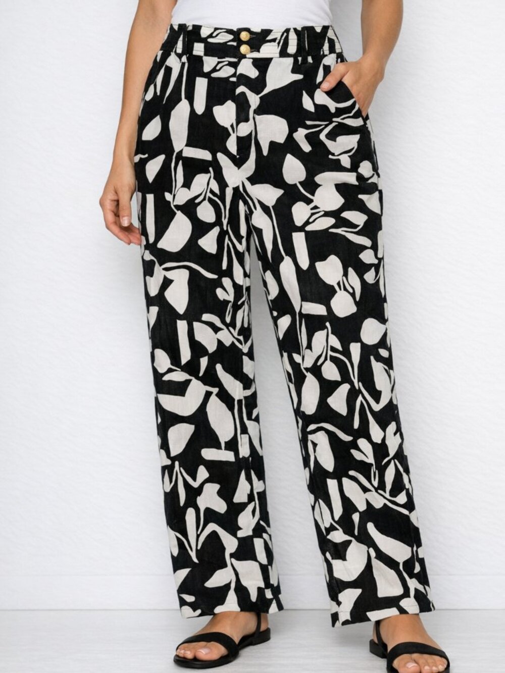 Chico's Black and White Botanical Pants with Gold Buttons